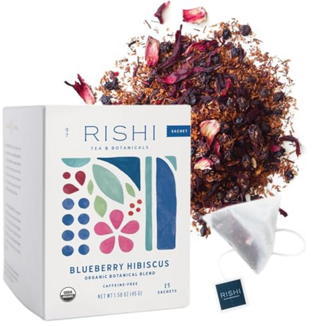 리시 티 블루베리 히비스커스 티 – 유기농 무카페인 허브 Rishi Tea Blueberry Hibiscus Herbal Tea - Organic Caffeine Free S, Rishi Tea 블루베리 히비스커스 허브 티 - US, 1개, 15개, 45g