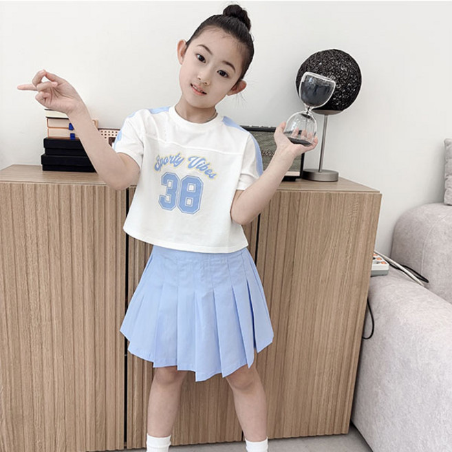 키즈목마 2025 여름 여아 38번 반팔+주름치마(속반바지) 세트 주니어 운동복상의+주름 스커트 상하복618