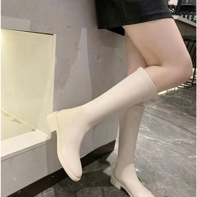 MUSE+SHOES 騎士長靴 粗跟設計 超顯瘦修飾腿型 百搭時尚 米色與黑色