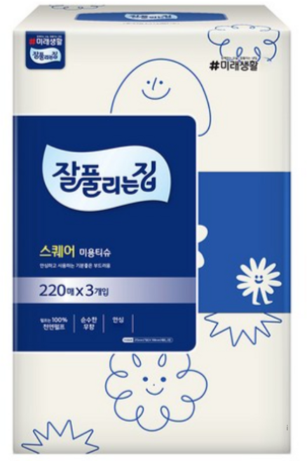잘풀리는집 스퀘어 천연펄프 미용티슈 2겹, 220매입, 30개