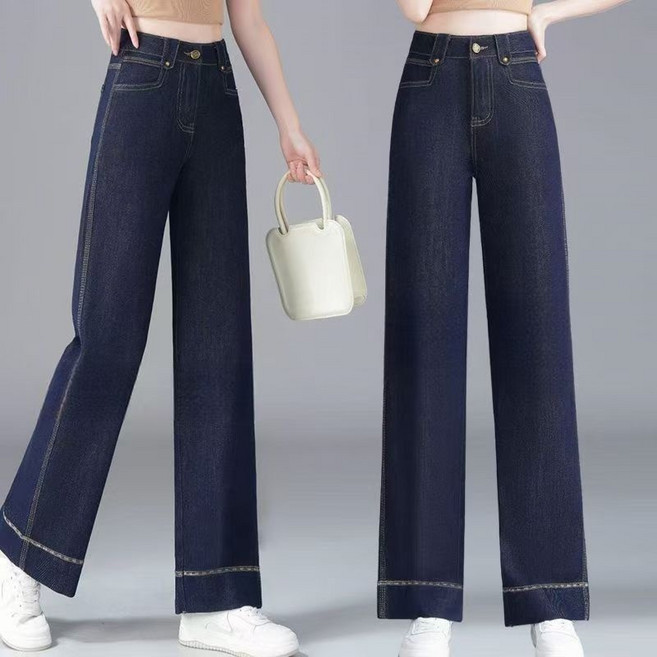 AOKADA 여성 봄 여름 세미 와이드 청바지 하이웨스트 키작녀 일자 데님 팬츠