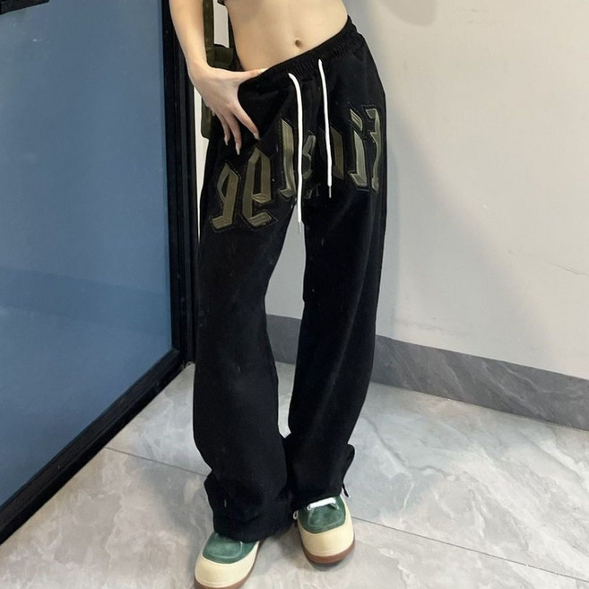 Nai Zi 運動棉褲 寬鬆直筒休閒長褲 韓版束口褲