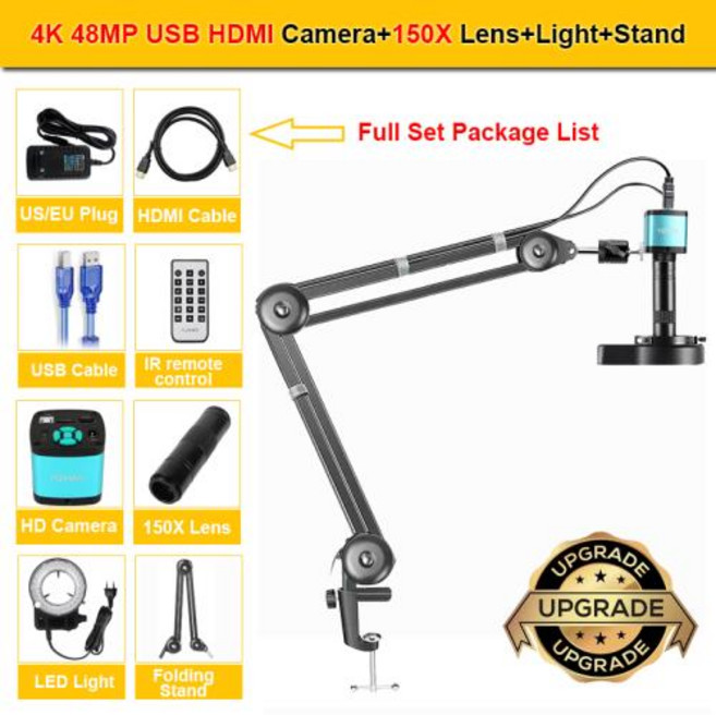 1-150X 줌 렌즈 납땜 Microscopio HD 4K 48MP 1080P 산업용 카메라 유형 C HDMI 비디오 디지털 현미경 전자 제품, 7)US Plug, B Set Upgrade Stand