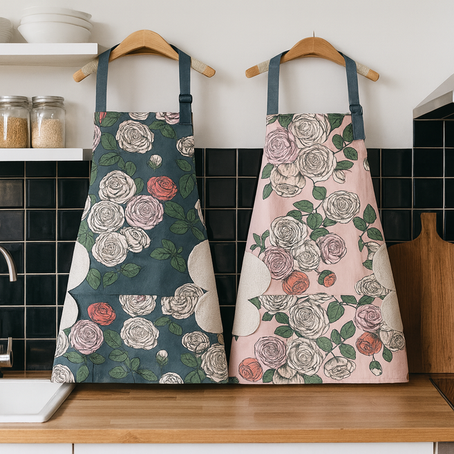 생활방수 플라워 주방 앞치마 여성용 가정용 요리 앞치마, 1세트, 블루+핑크
