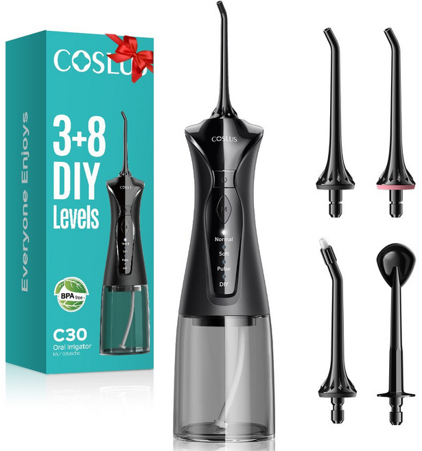 COSLUS 코슬루스 3+8 모드 무선 구강세정기 IPX7 급방수, 블랙, C30