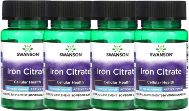 2+2 스완슨 철분 시트레이트 활성 제형 25mg 베지 캡슐 60정, 4개 - 쿠팡