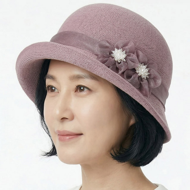 베이직엠 중년 여성 여름모자 벙거지 은사띠라인 두송이 보석꽃 여름 니트
