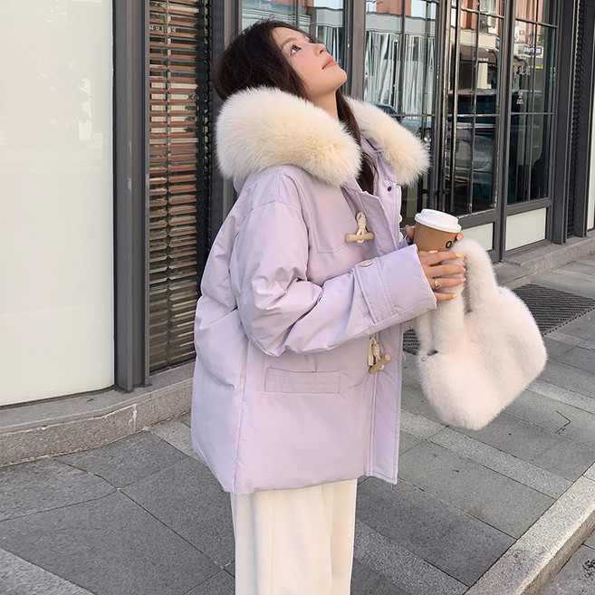 ANYOU 소뿔단추 빅퍼 칼라 후드 패딩 여 겨울 루즈핏 베이커리 도톰 보온 코트