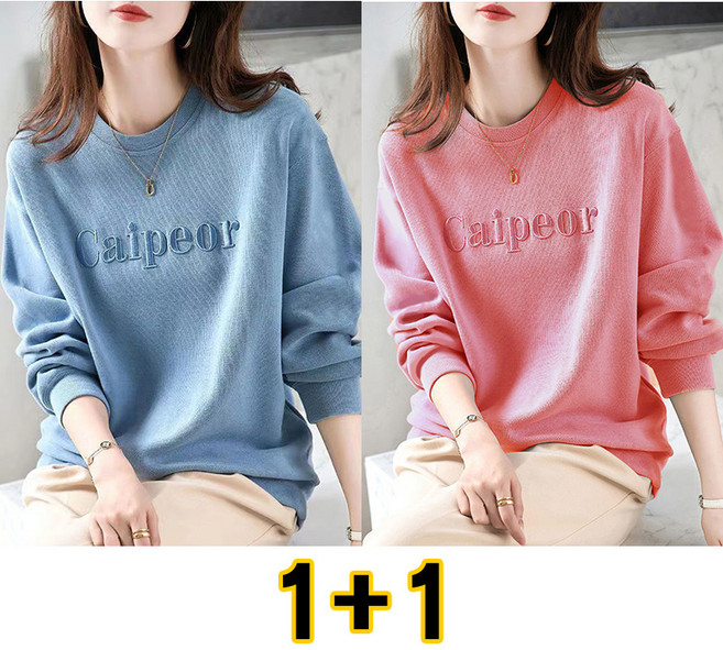 1+1 여성 긴팔 맨투맨 봄가을 빅사이즈 이너 상의 패션 자수 라운드넥 티셔츠 루즈핏 캐주얼 여자 긴팔티 LJX