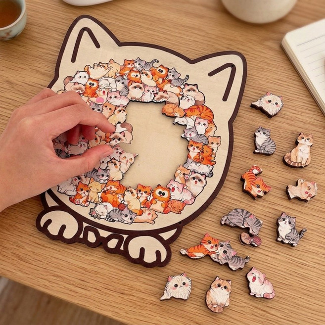 상덕 고양이 우드 퍼즐 귀여운 힐링 두뇌개발 취미 퍼즐, 1개, 믹스 컬러, 92피스