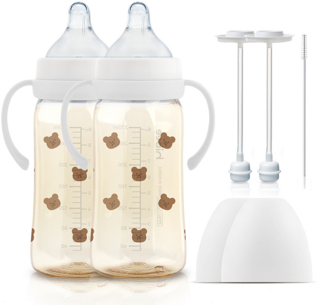 하이비 PPSU 배앓이방지 젖병 270ml 트윈팩+핸들2p+추타입2p or 간편타입2p 몽글 3초젖병, 추 타입2p/볼빵곰 화이트, L(6개월이상), 1개