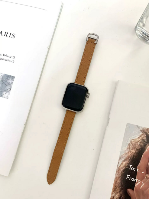 BuGeum 애플워치 스트랩 부드러운 가죽 밴드 직장인 시계줄 슬림 레더 11 10 9 8 7 6 5 3 2 4 se2/3 ultra2/3, 1개, 갈색