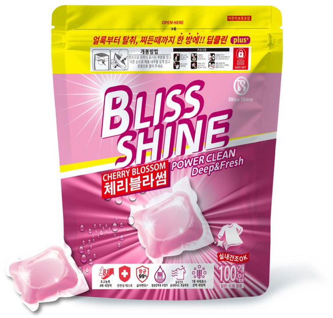 블리스샤인 딥클린 초고농축 올인원 실내건조 캡슐세제 체리블라썸 퍼퓸, 1개, 100개입