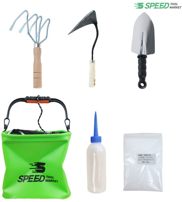 해루질 장비 조개 잡이 도구 6종 세트 4발갈퀴+호미+모종삽+두레박+맛소금+통 갯벌체험, 형광연두