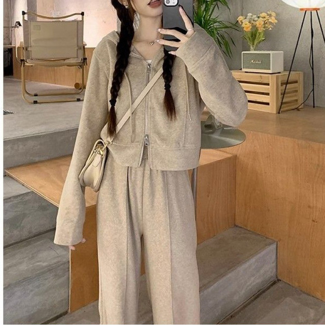 ANYOU 캐주얼 트레이닝 세트 여자 루즈핏 캐주얼 후드집업 와이드 팬츠 투피스