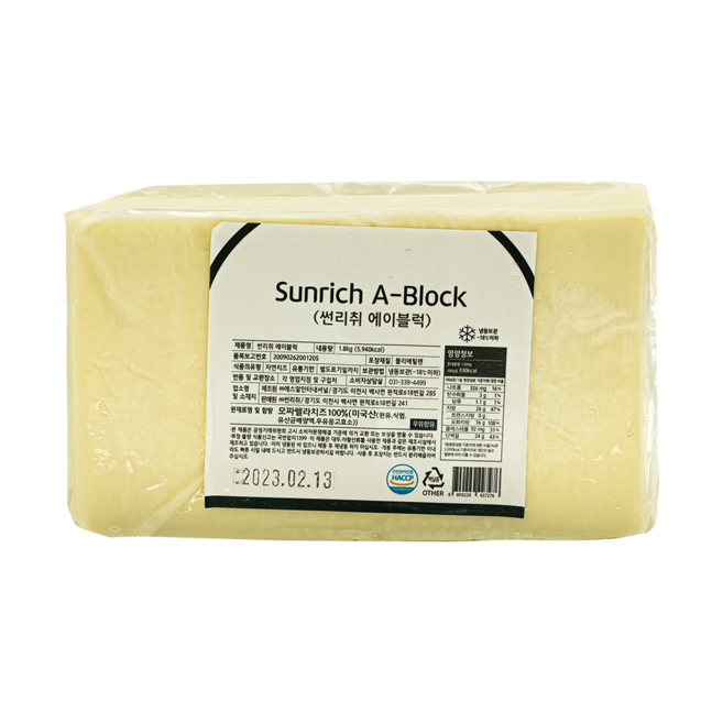 [썬리취] 수입(미국) 자연산100% 모짜렐라치즈 에이블럭 A-BLOCK 1.8kg 1EA(냉동)(갈바니 대체품)_치즈왕자, 1개