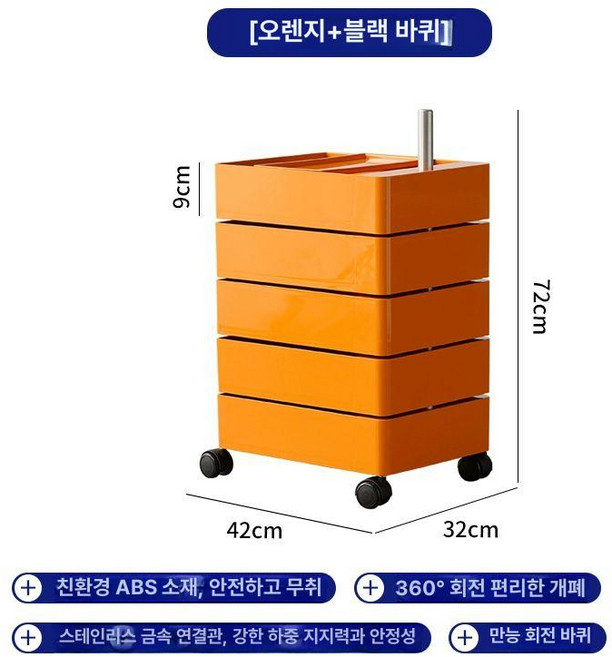 보비트롤리 그라데이션 360컨테이너 회전 이동식 거실 주방 다용도 웨건 4단, 오렌지블랙