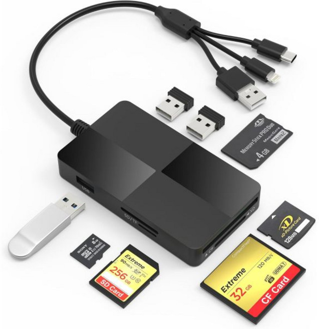 Ardaddyn 메모리 스틱 프로 듀오 어댑터 리더기 - 8-in-1 SDTFMSCFXD 카드 아이폰컴퓨터USB-C 기기용 라이트닝+USB A+USB C 멀티 USB 20 포트, 1개