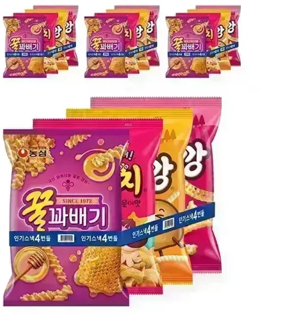 농심 인기스낵 4번들(꿀꽈배기+고구마깡+감자깡+자갈치) 4개, 187g