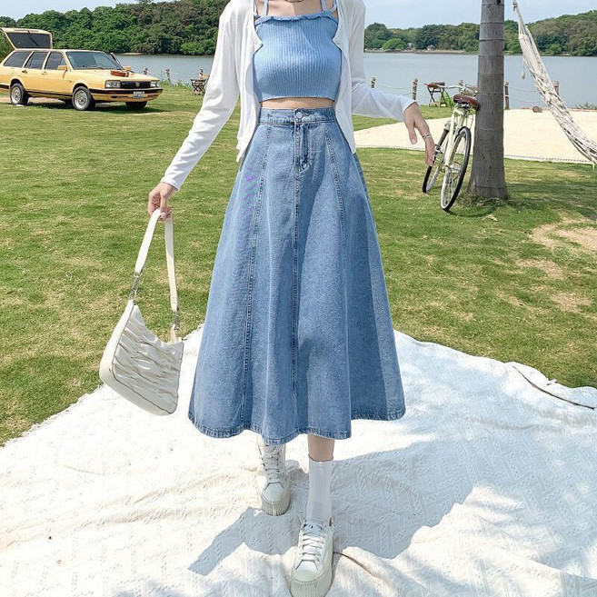 A字傘裙 復古牛仔半身裙女夏秋中長款高腰A字傘裙大裙襬裙子