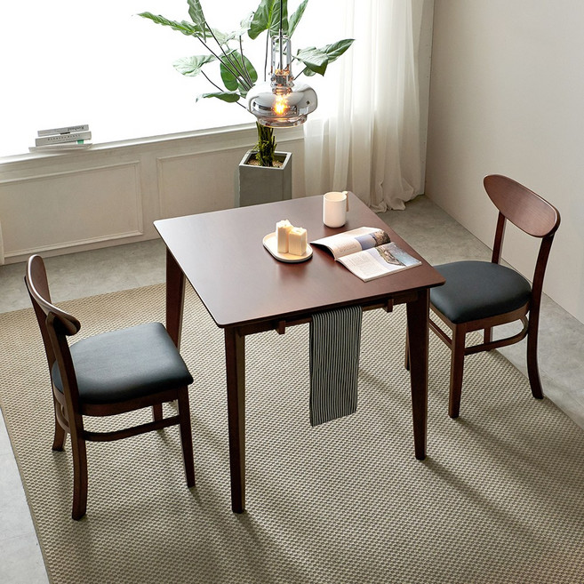 굿모닝 고무나무 원목 2인 식탁 세트, 월넛, 일반 의자 2