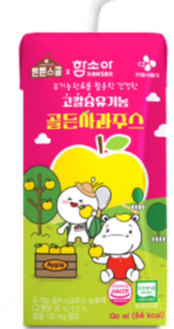 CJ 튼튼스쿨 함소아 고칼슘 유기농골든 사과주스 120ml, 48개