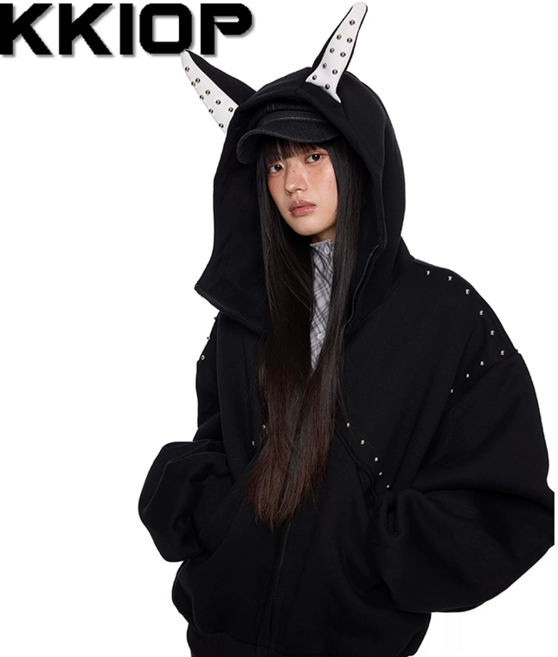 KKIOP Y2K 도버만 스타일 스터드 디테일 여성 오버핏 후드 집업 자켓