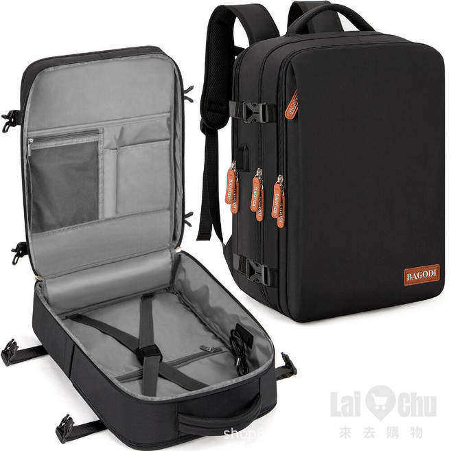 BAGODI 旅行背包 40L大容量 登機包 17吋筆電隔層 米白色, 黑色