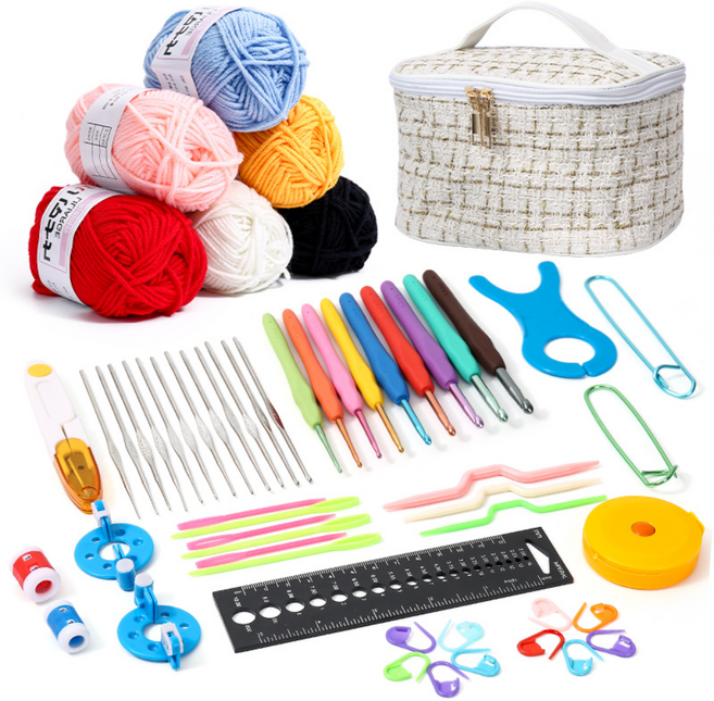 코바늘 뜨개질 입문 올인원 DIY 세트 수납가방 포함, 1세트, 화이트