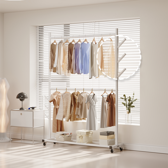 UniNest 철제 보강프레임 2단 튼튼한 이동식 스탠드 행거, 모던 화이트