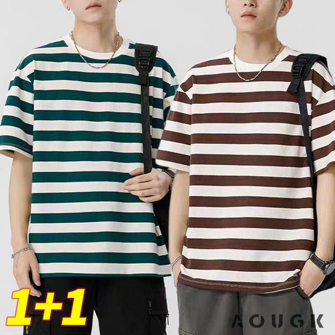 AOUGK 1+1 남성 티셔츠 스트라이프 반팔 티셔츠 여름 얇은 오버핏 라운드티 빅사이즈 반팔티