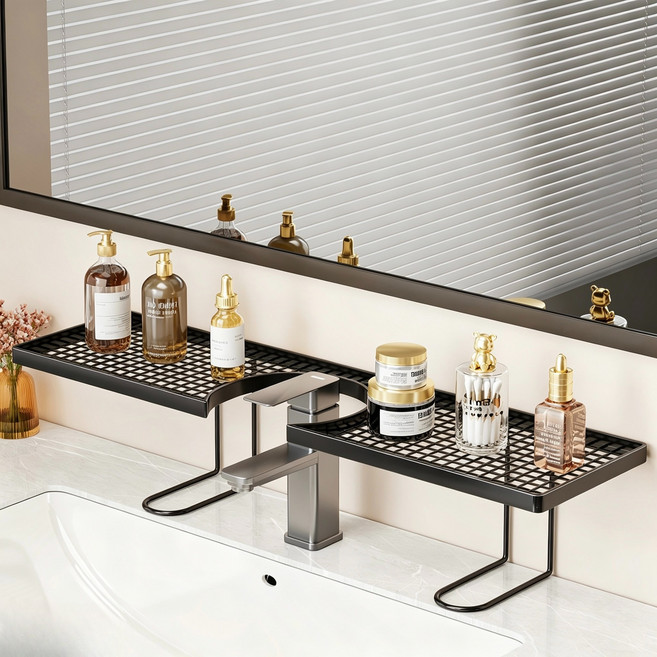 욕실 무타공 흡착식 수납선반 거울장 앞 수전 정리함 스테인리스 방수 배수 세면대 수납 거치대, 화이트 50cm × 1개