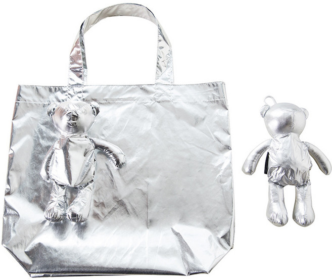 BenF Home 곰돌이 장바구니 키링 에코백 쇼핑백 휴대용 접이식 시장 보조 가방 귀여운 경량, 1개, 실버