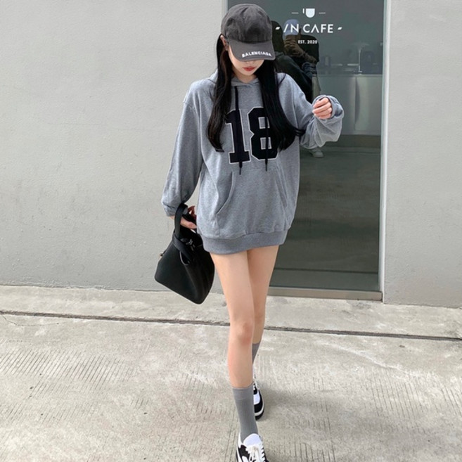 女美式薄款帽t 數字印花 寬鬆 復古休閒