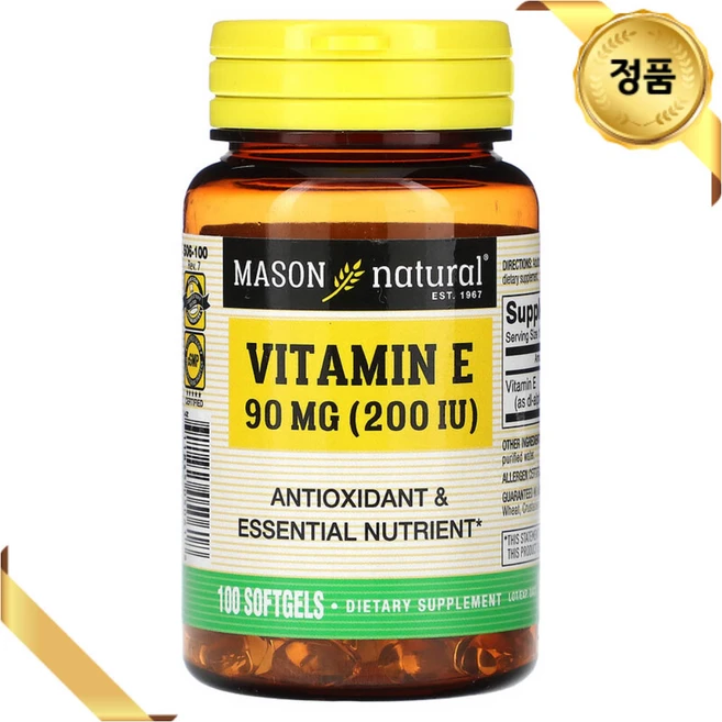 Mason Natural 비타민E 200IU 100 소프트젤 알파 토코페롤, 100정, 1개 - 쿠팡