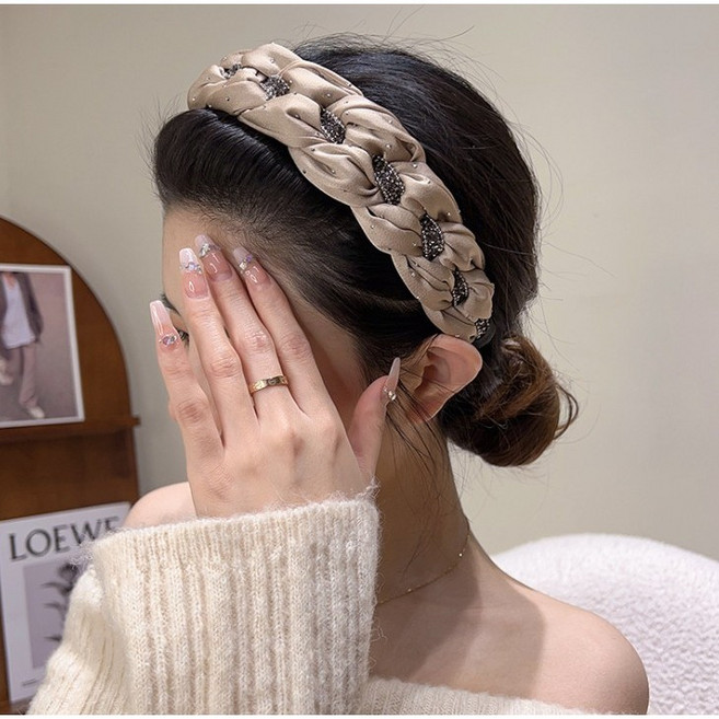 BEAGLE 水鑽麻花辮寬邊髮箍 鑲鑽造型髮飾, 1個, 米白色-1個, 米白色