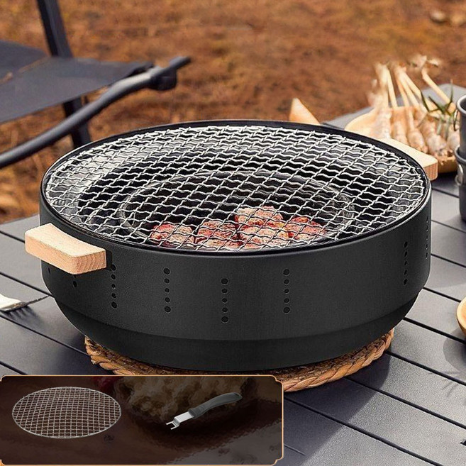 숯불그릴 불고기 차 굽기 다용도 그릴 원형 캠핑 바베큐 화로대, 블랙-그릴망 세트, 1세트