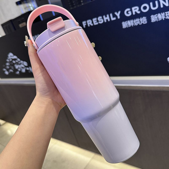 그라데이션 색상 진공 두꺼운 그라데이션 컵 스테인리스 보온컵 대용량 물컵 휴대용 차량용 컵, 분홍색에서 보라색으로, 890ML