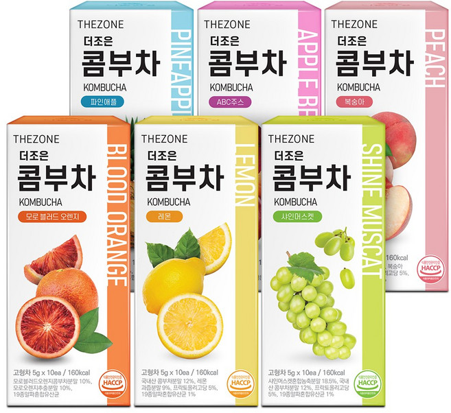 더존건강 콤부차 혼합 체험팩 6종 복숭아 레몬 샤인머스캣 파인애플 ABC주스 모로오렌지, 6개, 10개입, 5g