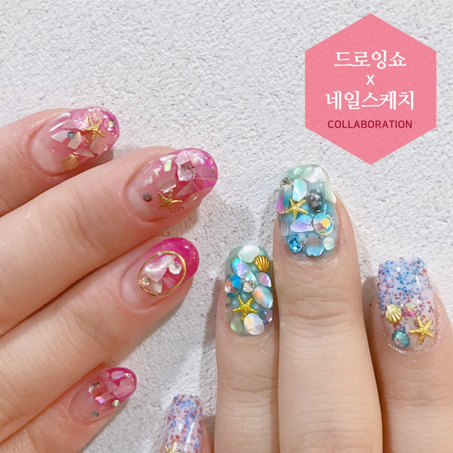 네일스케치 드로잉쇼X네일스케치 콜라보! 조약돌 천연자개 오로라 레이저 셀프네일, 1개, B+C세트