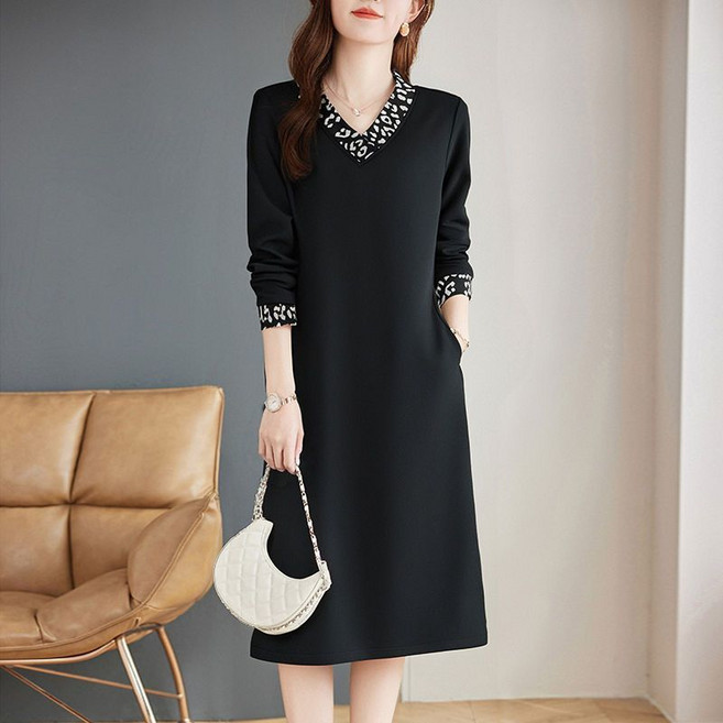 중년 여성 긴팔 원피스 봄 가을 빅사이즈 루즈핏 스커트 엄마 고급스러운 브이넥 원피스 LJX