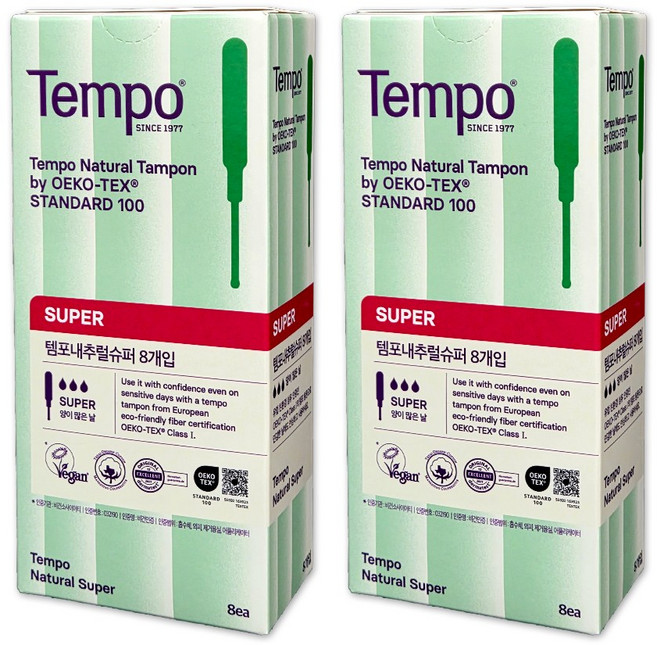 동아제약 템포 유기농 순면 네추럴 슈퍼 8P, 2개, 8개입