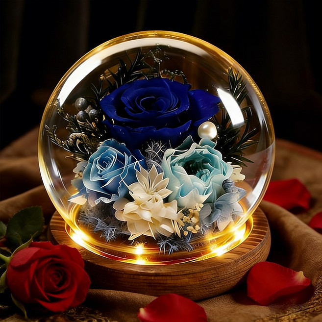 여자친구를 감동시킬 선물 영원한 장미 유리돔 무드등 드라이플라워 화이트데이 여자친구 100일 1주년 기념일 선물 꽃 부모님의 날 꽃, 파란색