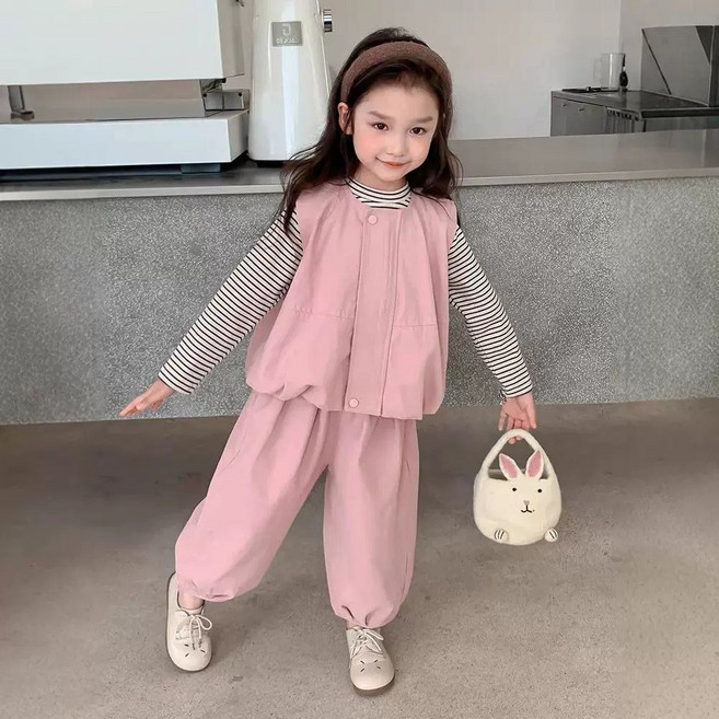 빛나는 키즈 나나샵 여아용 아동 줄무늬 티셔츠 + 조끼 + 바지 3종세트