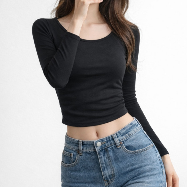 다미타니 국내제작 U넥 셔링 스판 크롭 긴팔티 OCZ0953