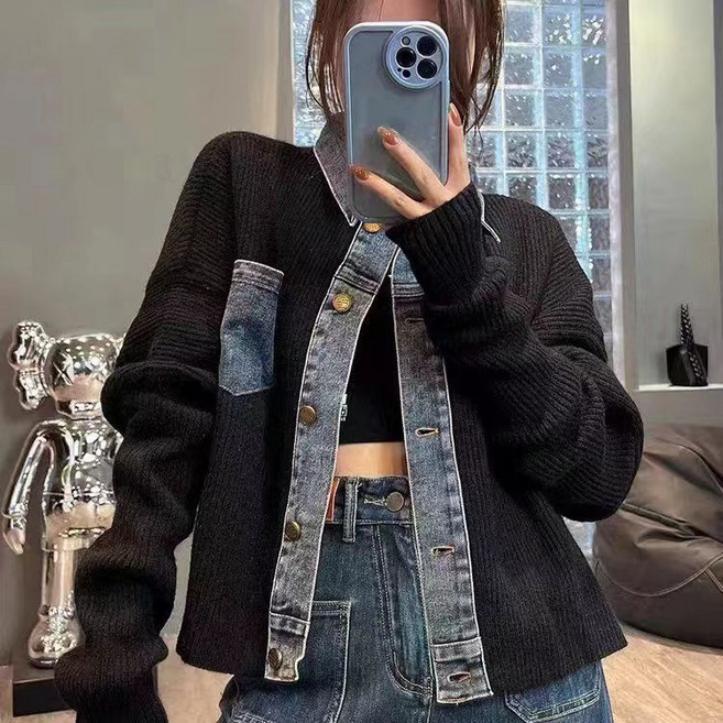 設計感復古牛仔拼接毛衣針織衫女早秋新款上衣寬鬆時尚外套 女外套 女生外套 薄外套 春秋外套 韓版外套 寬鬆外套