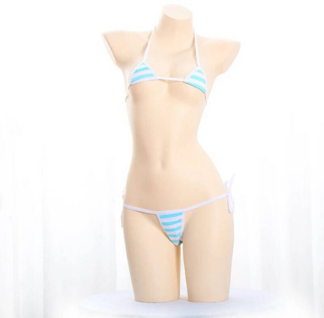 언더붑 탱크탑 비키니 홀터넥 커버업 수영복 애니메이션 미쿠 카와이 미니 코스프레 블루 화이트 스트라이프 마이크로 여성용 타이 사이드 세트, Size fits all, Mini