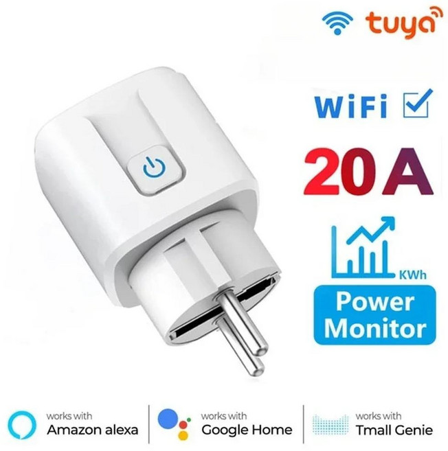 투야 스마트 라이프 앱용 스마트 소켓 와이파이 스마트 플러그 전원 콘센트 알렉사 구글 홈 음성 제어 EU 16A 20A AC100-240V, 04 20A Power Monitor, 1개