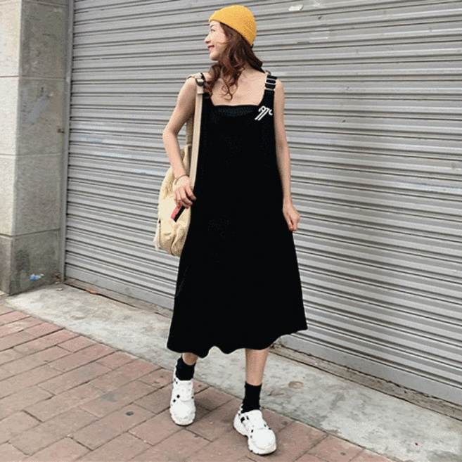 어나더드림 여성용 멜빵 뷔스티에 미디 원피스