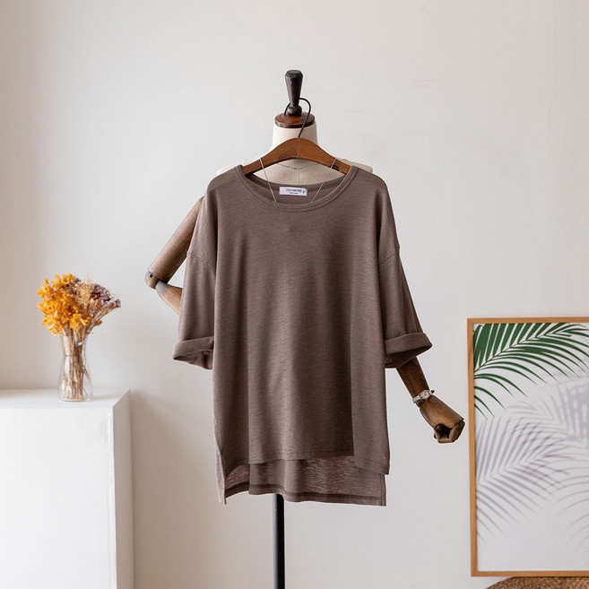여성 빅사이즈 린넨 언발 라운드 무지 여름 루즈핏 반팔 티셔츠